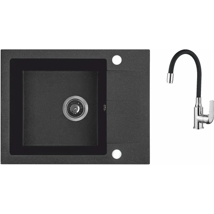 Maranello elastico zlewozmywak granitowy czarny 44x57 cm, 1-komora+1/2 ociekacza, bateria elastyczna, syfon