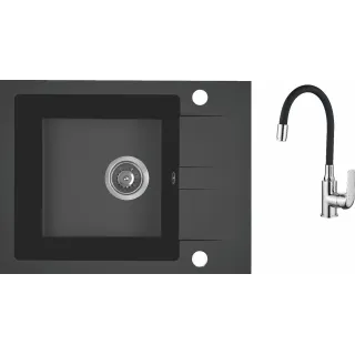 Maranello elastico zlewozmywak granitowy czarny mono 44x57 cm, 1-komora+1/2 ociekacza, bateria elastyczna, syfon