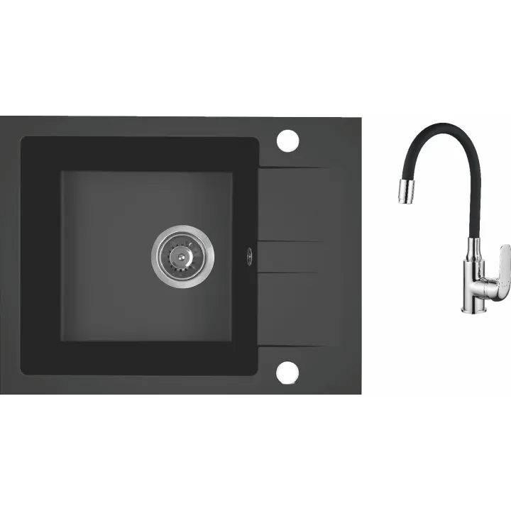 Maranello elastico zlewozmywak granitowy czarny mono 44x57 cm, 1-komora+1/2 ociekacza, bateria elastyczna, syfon
