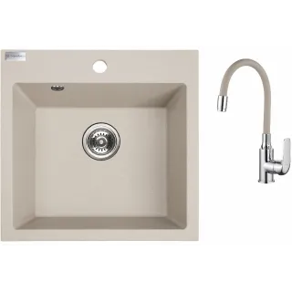 Maranello elastico zlewozmywak granitowy beż 49x49 cm, 1-komora, bateria elastyczna, syfon