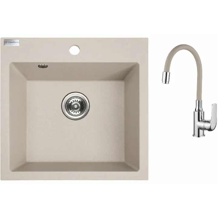 Maranello elastico zlewozmywak granitowy beż 49x49 cm, 1-komora, bateria elastyczna, syfon