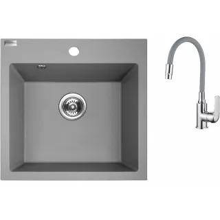 Maranello elastico zlewozmywak granitowy szary 49x49 cm, 1-komora, bateria elastyczna, syfon