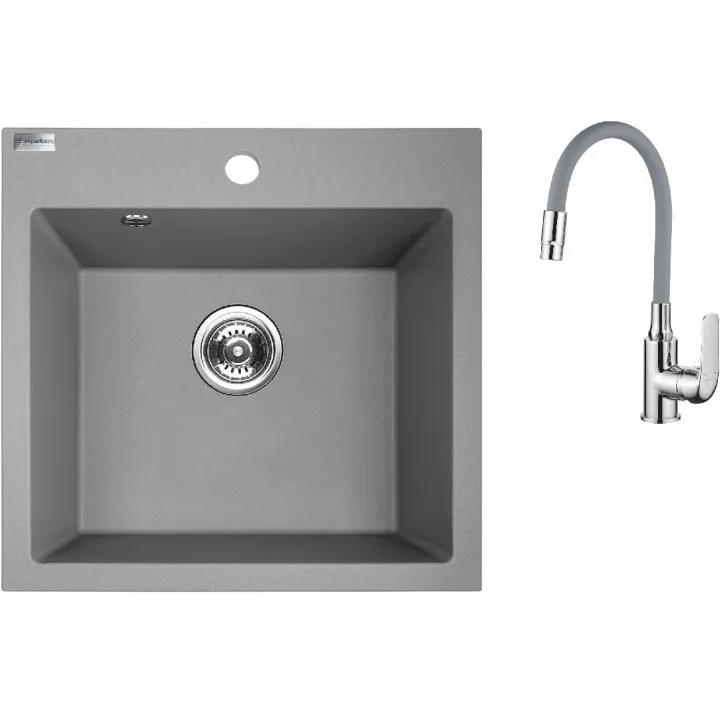 Maranello elastico zlewozmywak granitowy szary 49x49 cm, 1-komora, bateria elastyczna, syfon