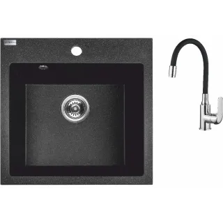 Maranello elastico zlewozmywak granitowy czarny 49x49 cm, 1-komora, bateria elastyczna, syfon