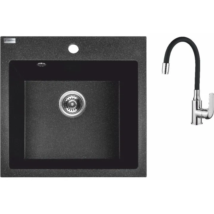 Maranello elastico zlewozmywak granitowy czarny 49x49 cm, 1-komora, bateria elastyczna, syfon