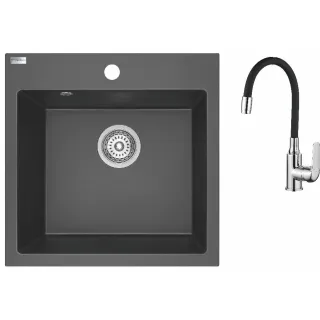 Maranello elastico zlewozmywak granitowy czarny mono 49x49 cm, 1-komora, bateria elastyczna, syfon