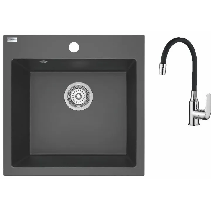 Maranello elastico zlewozmywak granitowy czarny mono 49x49 cm, 1-komora, bateria elastyczna, syfon