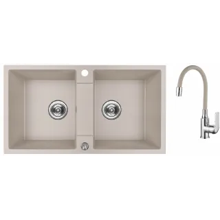 Maranello elastico zlewozmywak granitowy beż 44x80 cm, 2-komory, bateria elastyczna, syfon