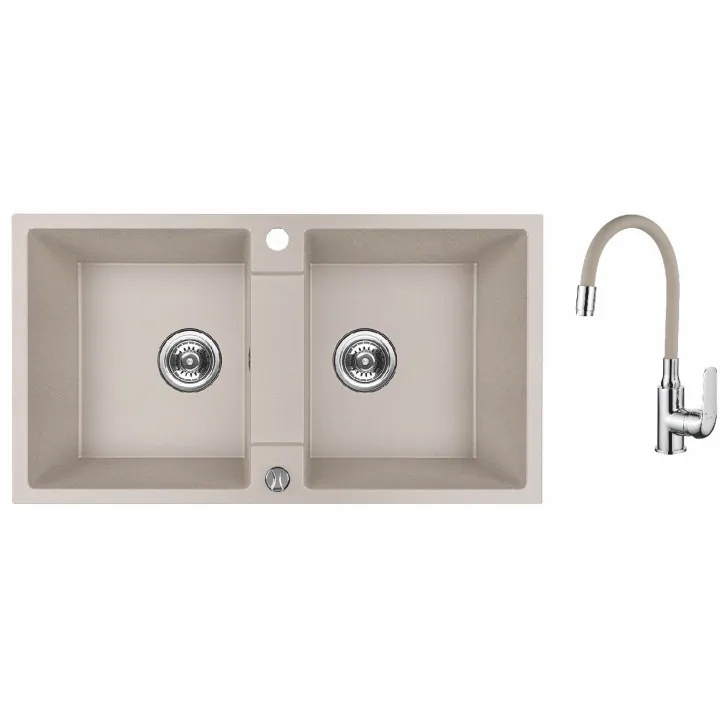 Maranello elastico zlewozmywak granitowy beż 44x80 cm, 2-komory, bateria elastyczna, syfon