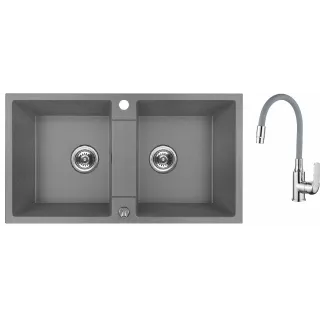 Maranello elastico zlewozmywak granitowy szary 44x80 cm, 2-komory, bateria elastyczna, syfon