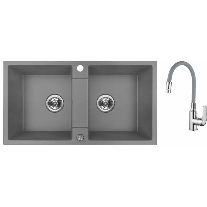 Maranello elastico zlewozmywak granitowy szary 44x80 cm, 2-komory, bateria elastyczna, syfon