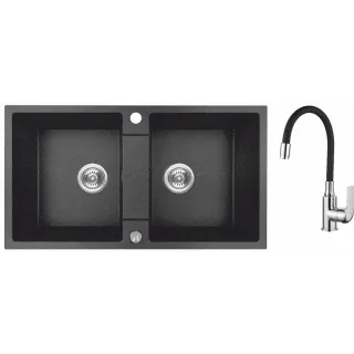 Maranello elastico zlewozmywak granitowy czarny 44x80 cm, 2-komory, bateria elastyczna, syfon