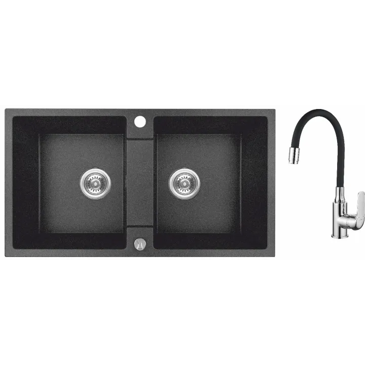 Maranello elastico zlewozmywak granitowy czarny 44x80 cm, 2-komory, bateria elastyczna, syfon