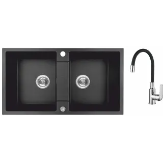 Maranello elastico zlewozmywak granitowy czarny mono 44x80 cm, 2-komory, bateria elastyczna, syfon