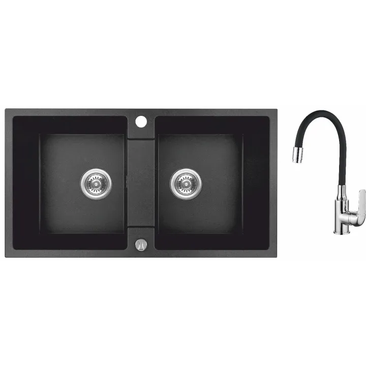 Maranello elastico zlewozmywak granitowy czarny mono 44x80 cm, 2-komory, bateria elastyczna, syfon