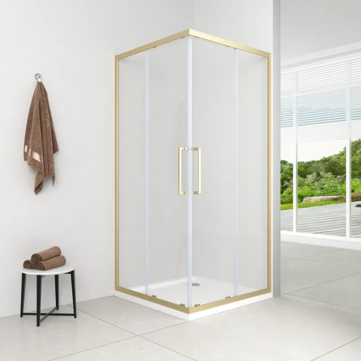 Lazuro kabina kwadratowa 90x90x200 cm brushed gold , szkło transparent 6 mm, powłoka Easy Clean