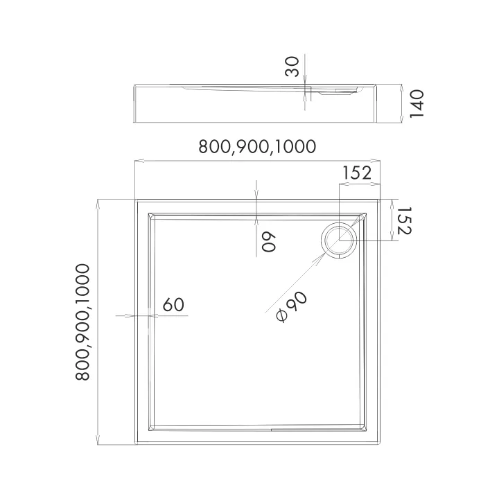 Sleek brodzik kwadratowy 80x80x14 cm, biały