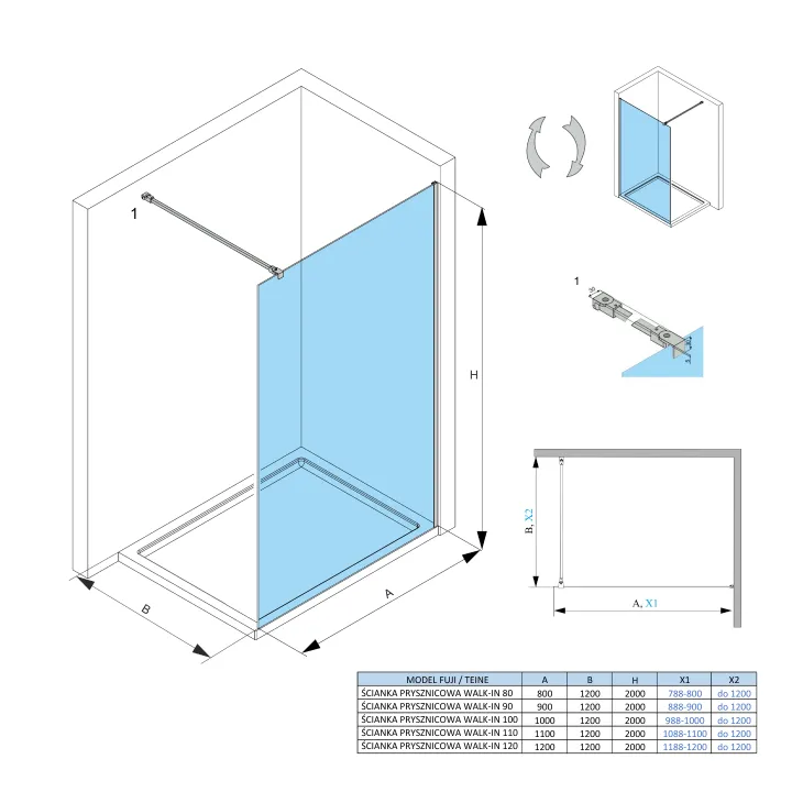 Fuji ścianka walk-in 70x200 cm, chrom optic, szkło transparent 8 mm, powłoka Glass Protect