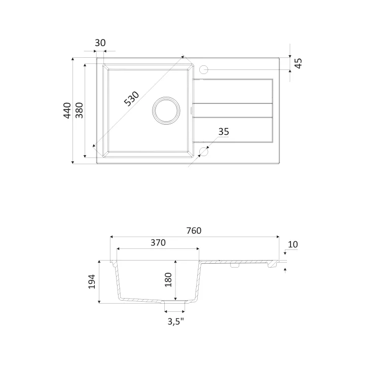 Maranello zlewozmywak granitowy beż 44x76 cm, 1-komora+ociekacz, syfon