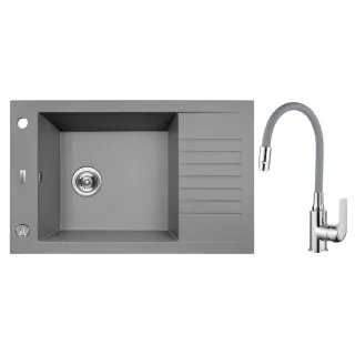Modena elastico zlewozmywak granitowy szary 50x78 cm, 1-komora+1/2 ociekacz, bateria elastyczna, syfon