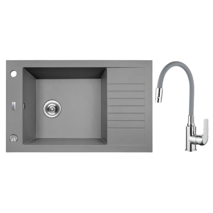 Modena elastico zlewozmywak granitowy szary 50x78 cm, 1-komora+1/2 ociekacz, bateria elastyczna, syfon