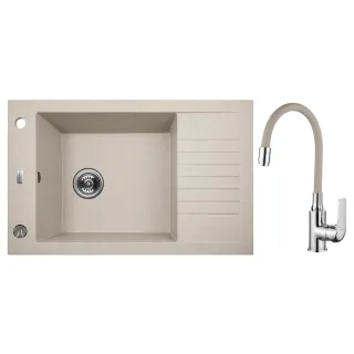 Modena elastico zlewozmywak granitowy beż 50x78 cm, 1-komora XL +1/2 ociekacz, bateria elastyczna, syfon