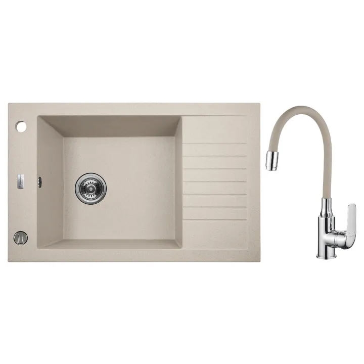 Modena elastico zlewozmywak granitowy beż 50x78 cm, 1-komora XL +1/2 ociekacz, bateria elastyczna, syfon