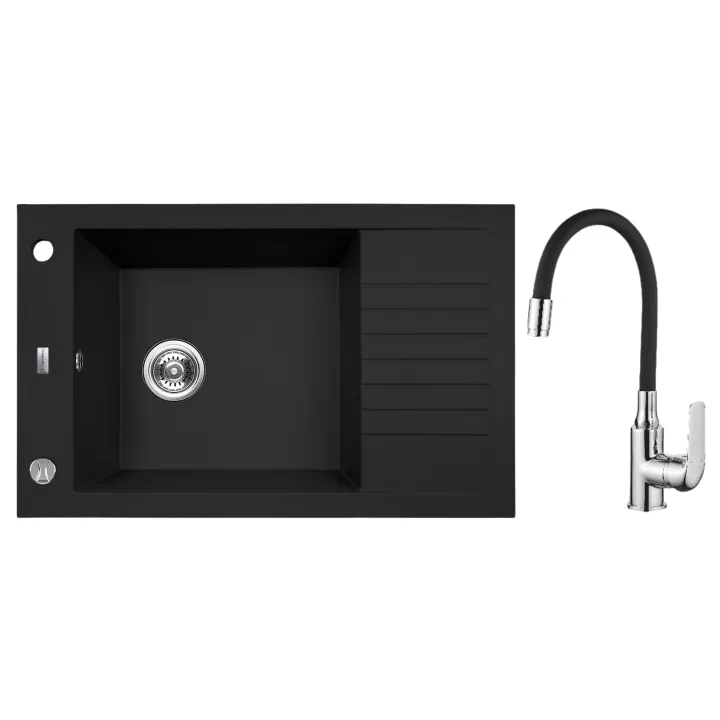 Modena elastico zlewozmywak granitowy czarny mono 50x78 cm, 1-komora XL +1/2 ociekacz, bateria elastyczna, syfon