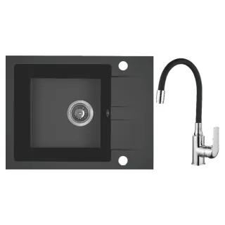 Maranello elastico zlewozmywak granitowy czarny mono 44x57 cm, 1-komora+1/2 ociekacza, bateria elastyczna, syfon