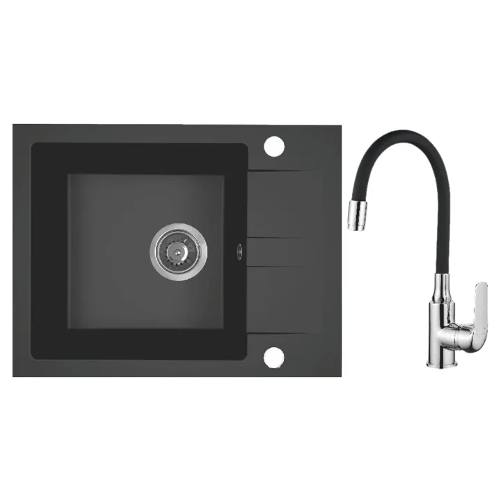 Maranello elastico zlewozmywak granitowy czarny mono 44x57 cm, 1-komora+1/2 ociekacza, bateria elastyczna, syfon