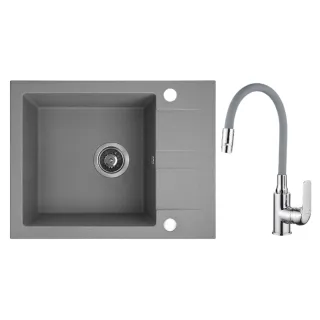 Maranello elastico zlewozmywak granitowy szary 44x57 cm, 1-komora+1/2 ociekacza, bateria elastyczna, syfon