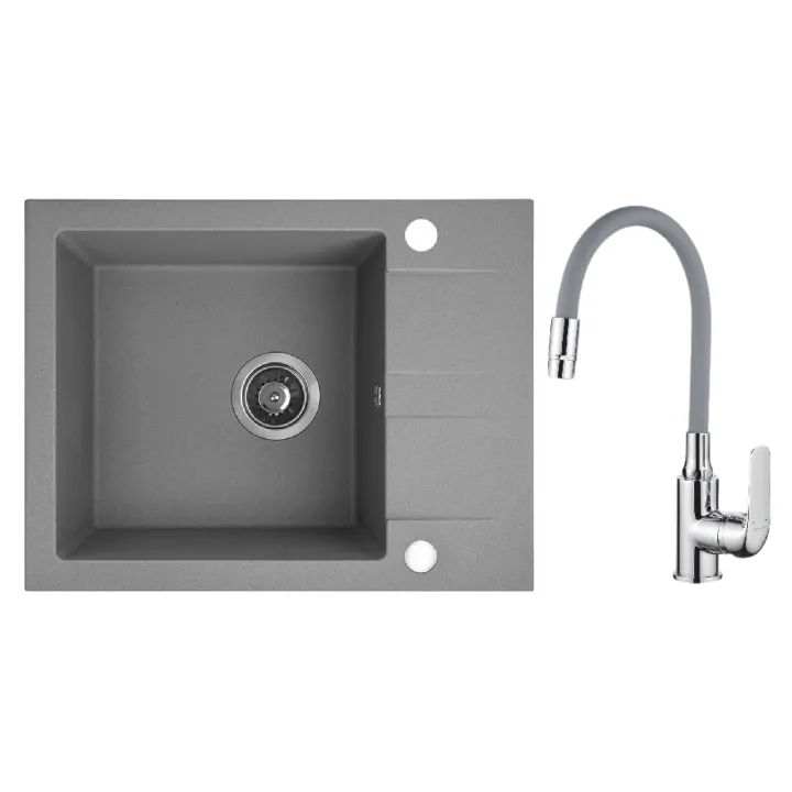 Maranello elastico zlewozmywak granitowy szary 44x57 cm, 1-komora+1/2 ociekacza, bateria elastyczna, syfon