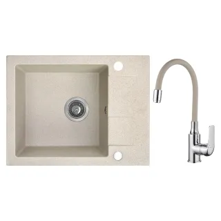 Maranello elastico zlewozmywak granitowy beż 44x57 cm, 1-komora+1/2 ociekacza, bateria elastyczna, syfon