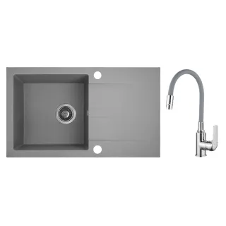 Maranello elastico zlewozmywak granitowy szary 44x76 cm, 1-komora+ociekacz, bateria elastyczna, syfon