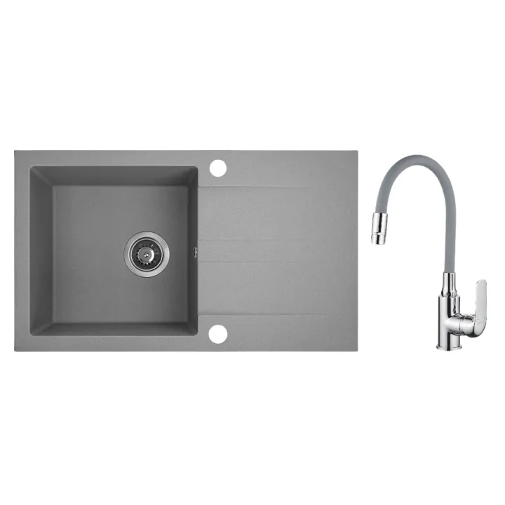 Maranello elastico zlewozmywak granitowy szary 44x76 cm, 1-komora+ociekacz, bateria elastyczna, syfon
