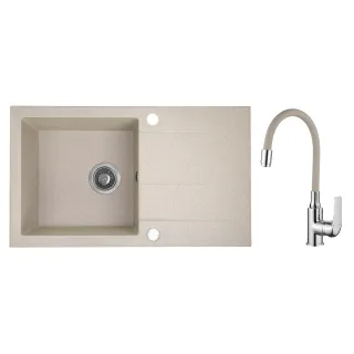 Maranello elastico zlewozmywak granitowy beż 44x76 cm, 1-komora+ociekacz, bateria elastyczna, syfon