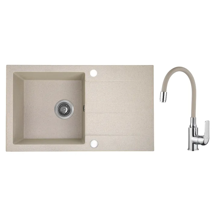 Maranello elastico zlewozmywak granitowy beż 44x76 cm, 1-komora+ociekacz, bateria elastyczna, syfon