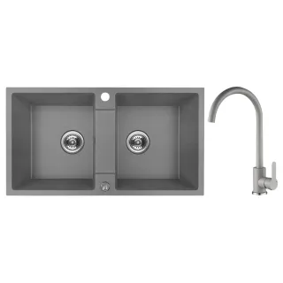 Maranello set zlewozmywak granitowy szary 44x80 cm, 2-komory, bateria, syfon