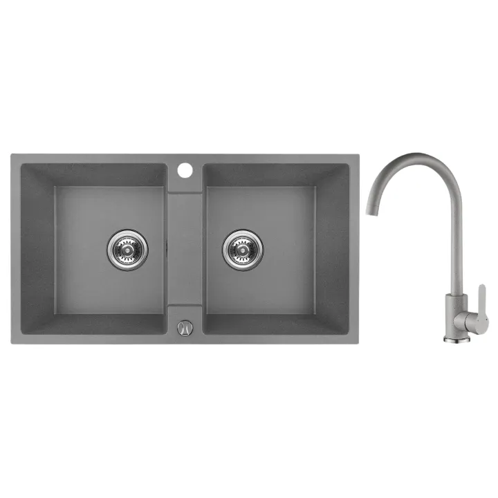 Maranello set zlewozmywak granitowy szary 44x80 cm, 2-komory, bateria, syfon