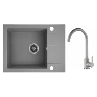 Maranello set zlewozmywak granitowy szary 44x57 cm, 1-komora+1/2 ociekacza, bateria, syfon