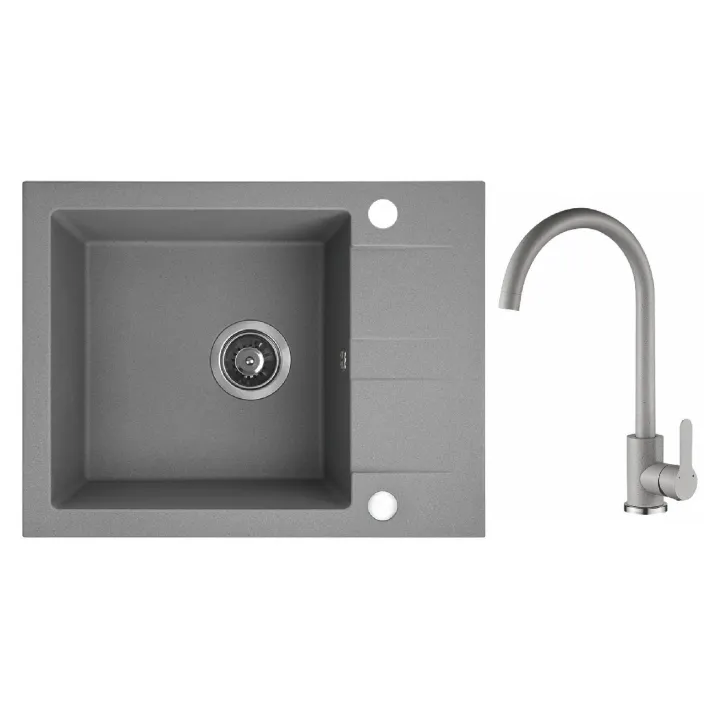 Maranello set zlewozmywak granitowy szary 44x57 cm, 1-komora+1/2 ociekacza, bateria, syfon